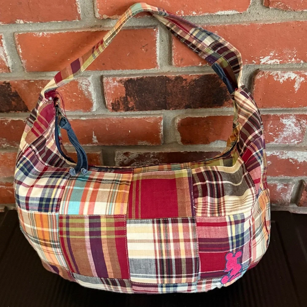 Disney Parks Vintage Hobo Madras Plaid Embroidered Mickey Preppy Bag/Wallet